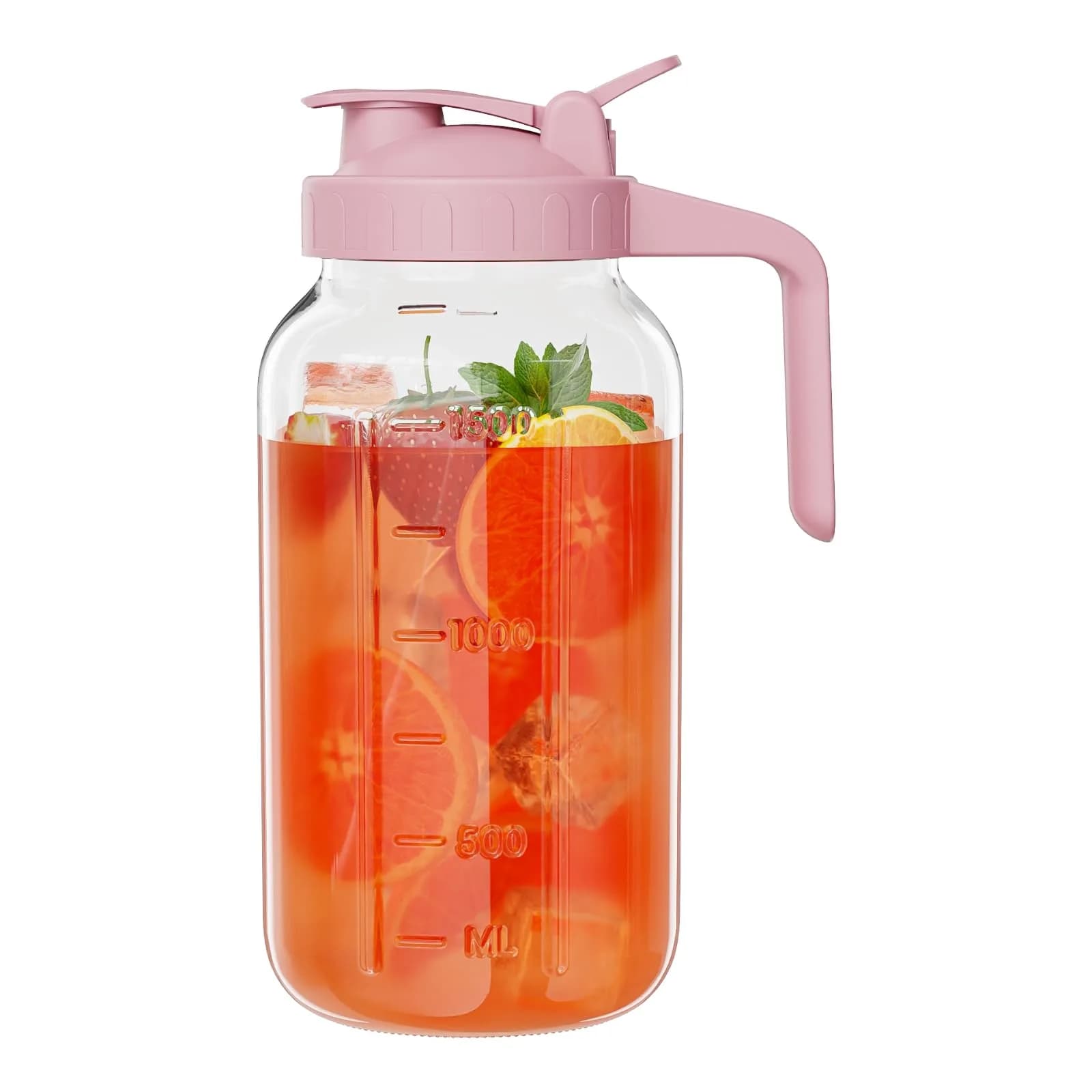 JunVpic Glass Pitcher with Lid, 1.89 L (64 oz) Wide Mouth Mason Jar | Leak-Proof Spout & Handle — Pink
