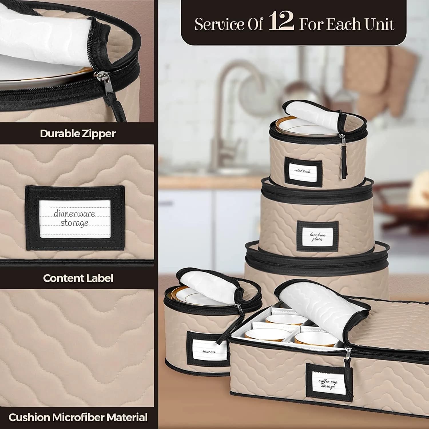 HOLDN’ STORAGE 5-Piece China Storage Container Set for 12 Place Settings | Quilted Microfiber with Dividers - view 6