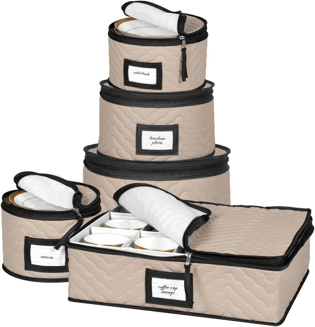 HOLDN’ STORAGE 5-Piece China Storage Set for 12 Place Settings | Quilted Microfiber with Dividers — Brown / 5 Piece Storage Set