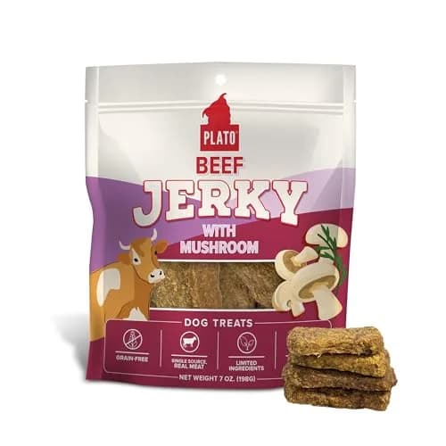 PLATO Dog Jerky Treats Beef & Mushroom 7oz | Air-Dried, Grain-Free, Supports Digestion thumbnail 1