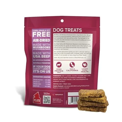 PLATO Dog Jerky Treats Beef & Mushroom 7oz | Air-Dried, Grain-Free, Supports Digestion thumbnail 2