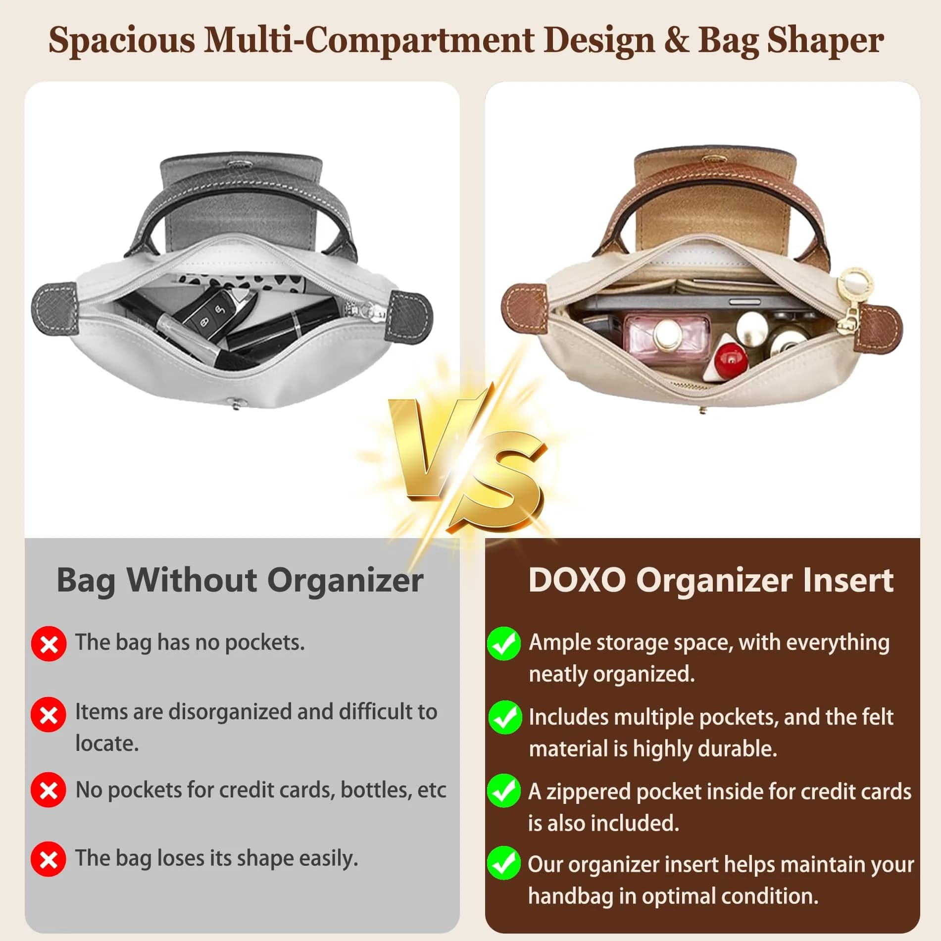 Doxo Felt Purse Organizer Insert Large Beige | Keeps Handbags Shaped & Neat - view 5