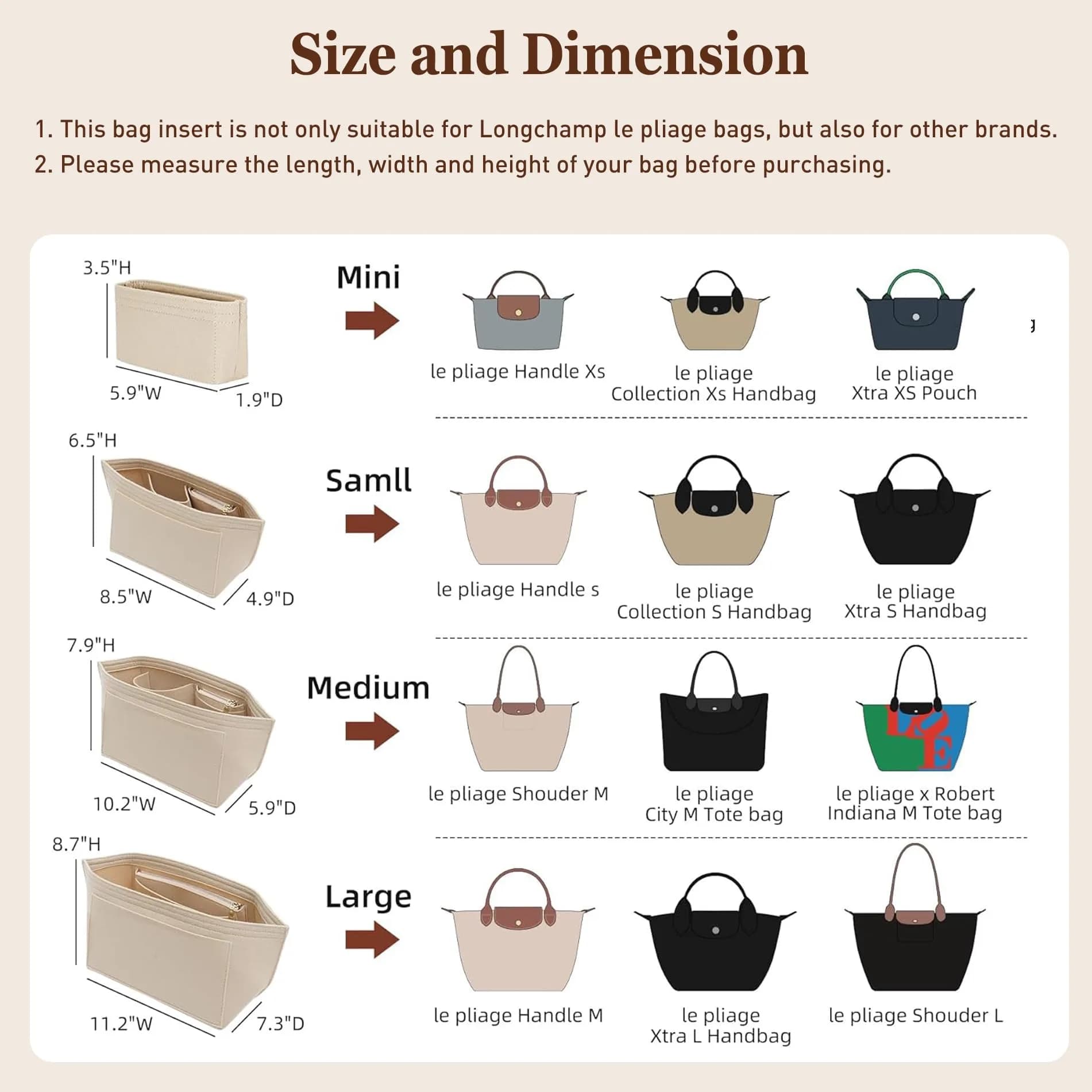 Doxo Felt Purse Organizer Insert Large Beige | Keeps Handbags Shaped & Neat - view 2