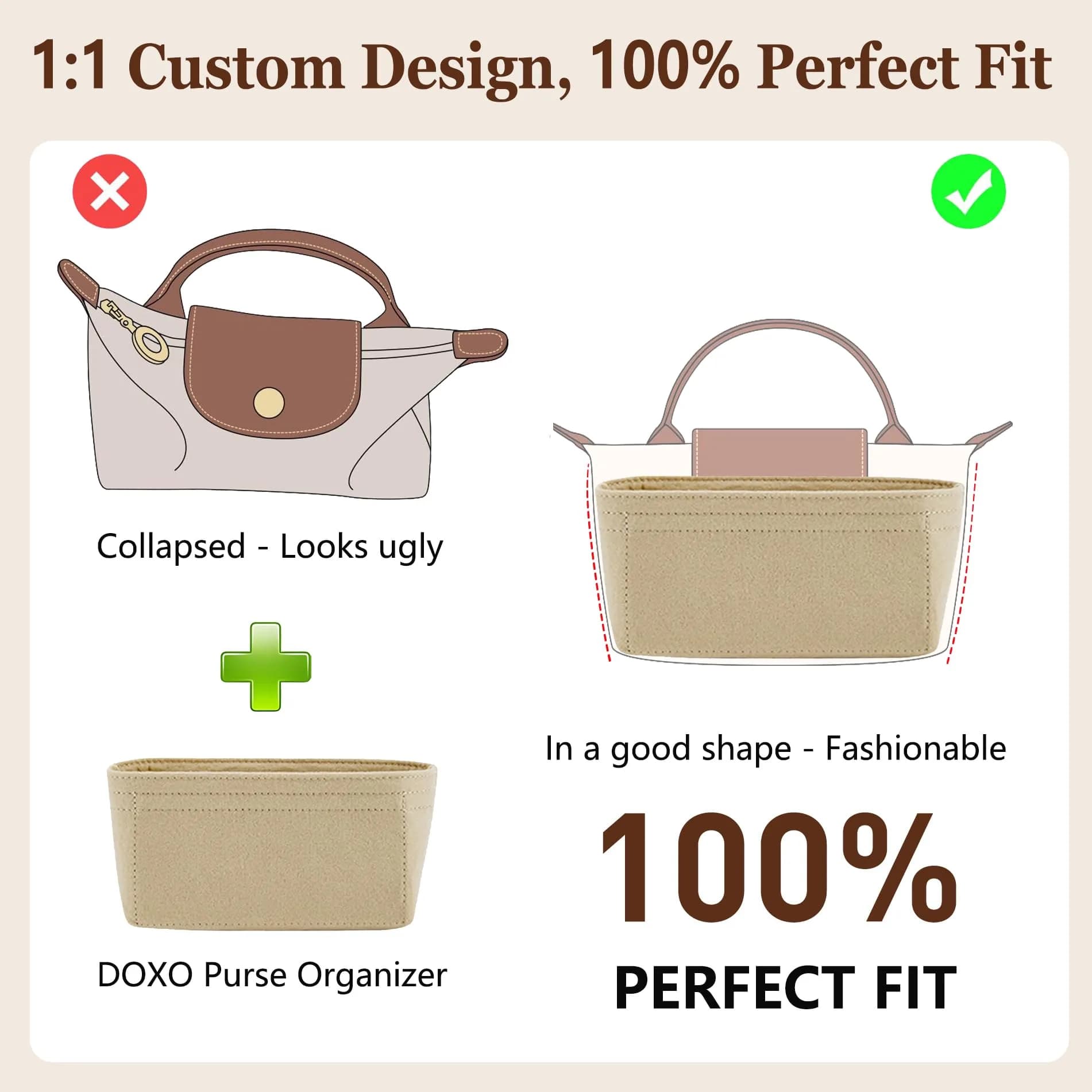 Doxo Felt Purse Organizer Insert Large Beige | Keeps Handbags Shaped & Neat - view 3
