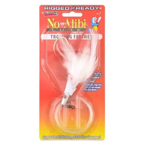 C&H Lures No Alibi Trolling Feather Saltwater Fishing Lure | White Red Feather Skirt 1/2 oz 6 ft thumbnail 1