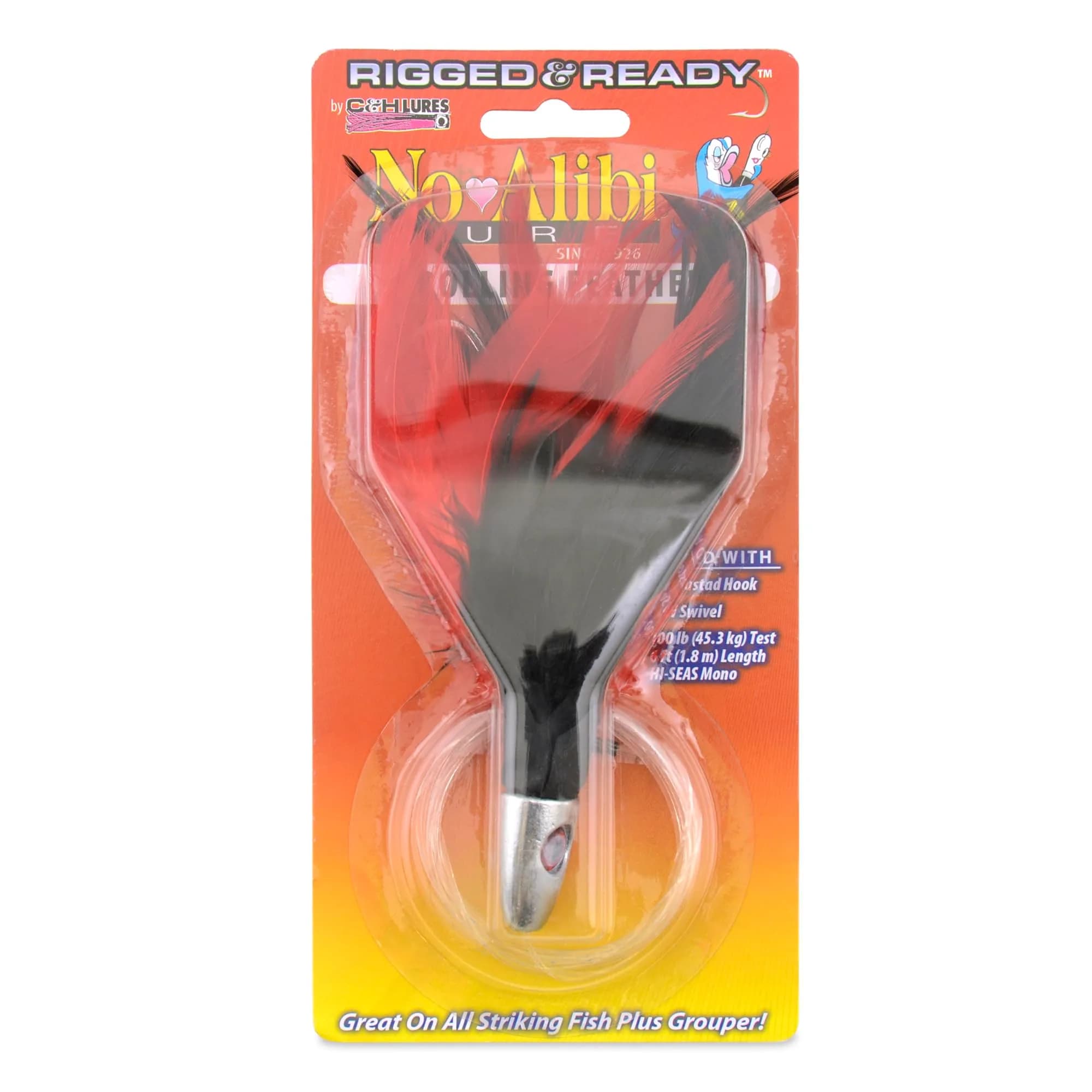 C&H Lures No Alibi Trolling Feather Saltwater Fishing Lure | Black Red Feather Skirt, 2 oz, 6 ft