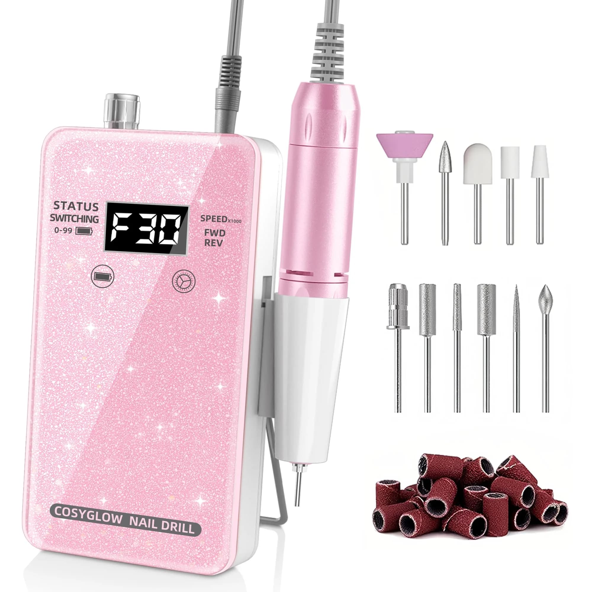 COSYGLOW Glitter Portable Cordless Nail Drill Kit with 11 Bits, 30000 RPM Rechargeable E-File for Acrylic & Gel Nails (Pink) - main product image