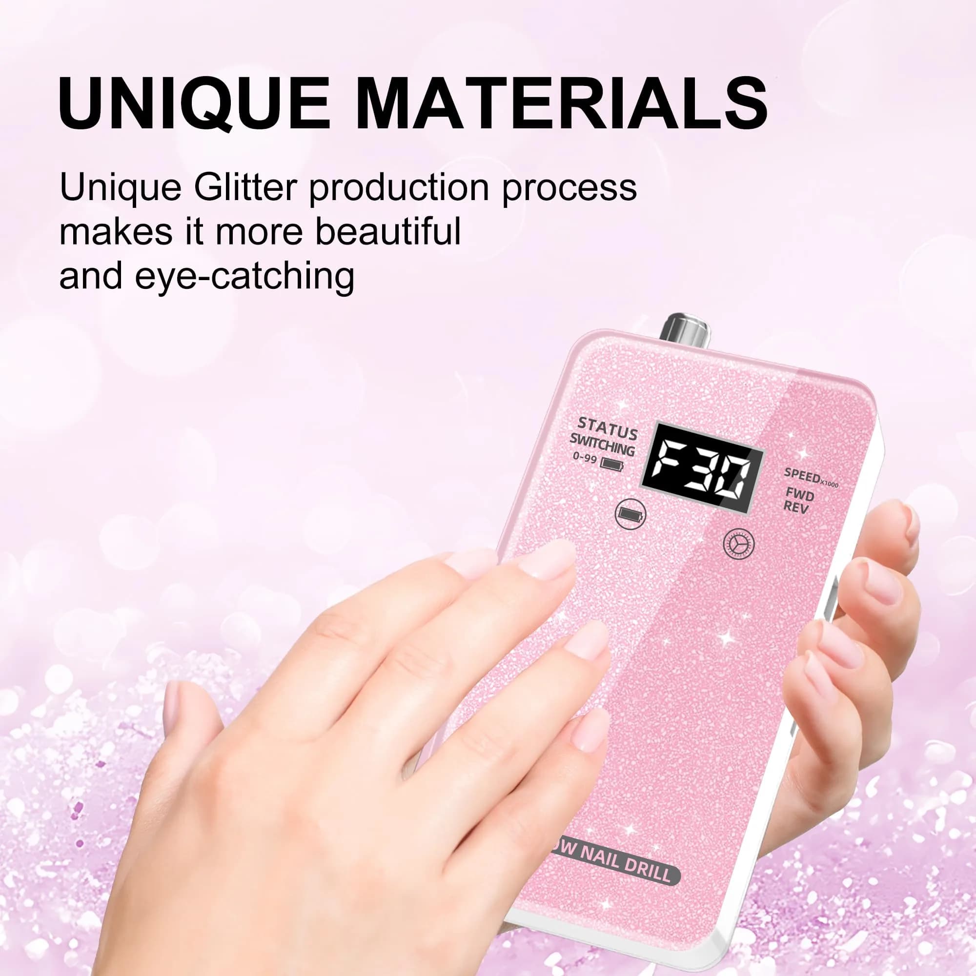 COSYGLOW Glitter Portable Cordless Nail Drill Kit with 11 Bits, 30000 RPM Rechargeable E-File for Acrylic & Gel Nails (Pink) - view 2