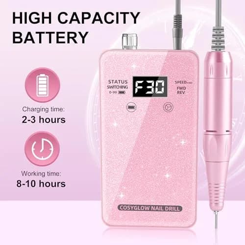 COSYGLOW Professional Electric Nail Drill Kit Pink Glitter Portable Cordless E-File 30000 RPM | Rechargeable Nail Machine for Acrylic & Gel Nails thumbnail 4