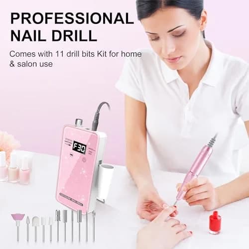 COSYGLOW Professional Electric Nail Drill Kit Pink Glitter Portable Cordless E-File 30000 RPM | Rechargeable Nail Machine for Acrylic & Gel Nails thumbnail 6