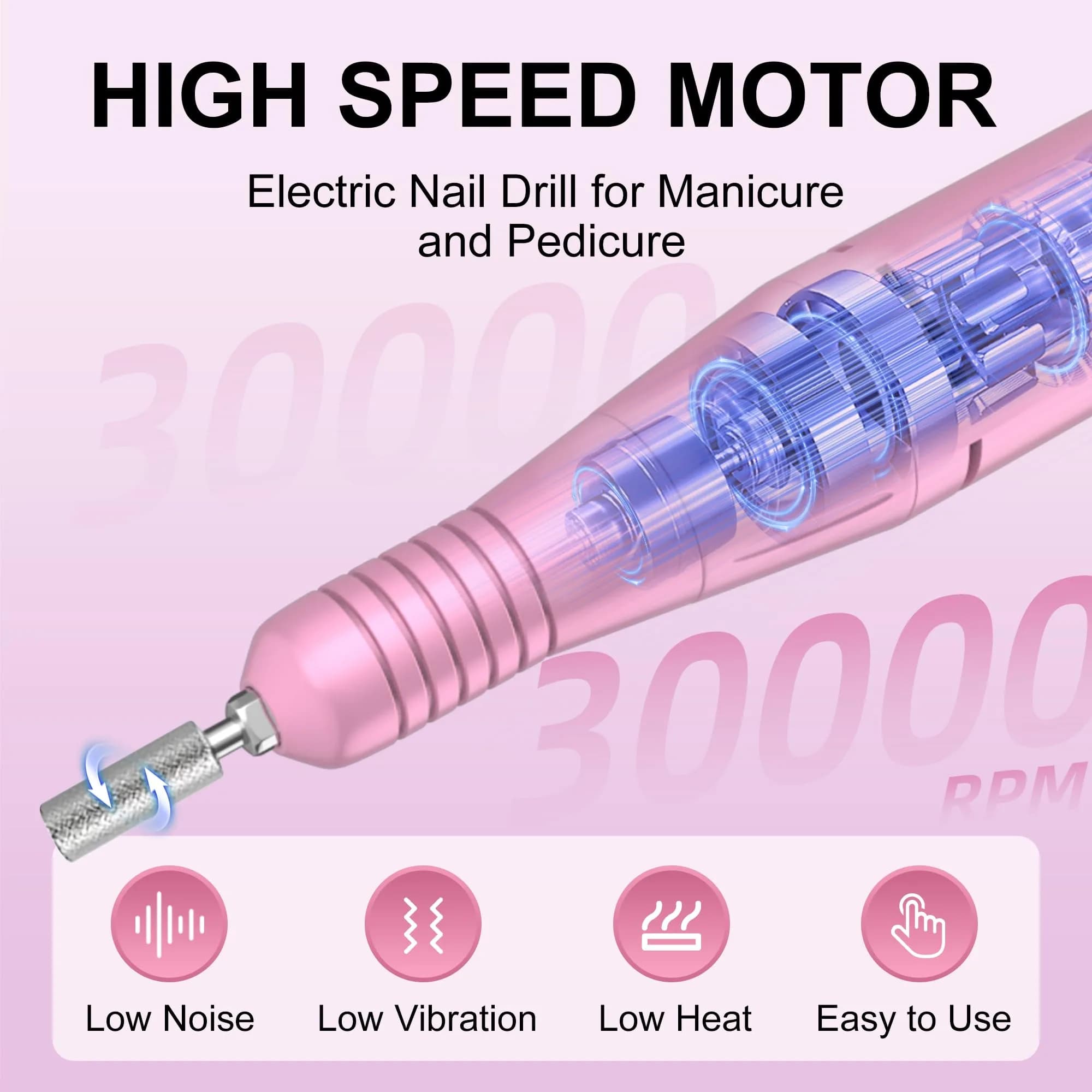 COSYGLOW Glitter Portable Cordless Nail Drill Kit with 11 Bits, 30000 RPM Rechargeable E-File for Acrylic & Gel Nails (Pink) - view 3