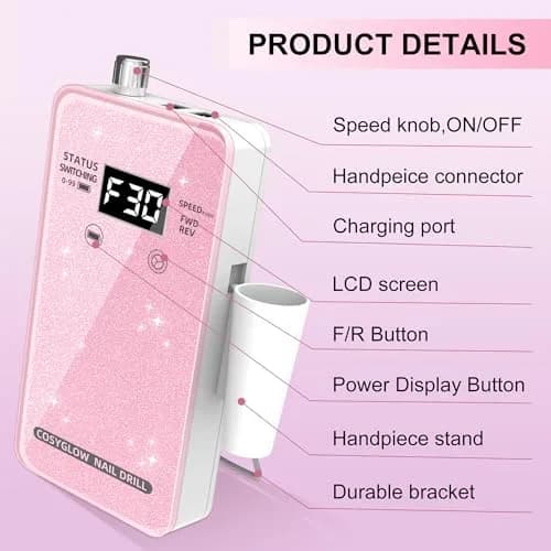 COSYGLOW Professional Electric Nail Drill Kit Pink Glitter Portable Cordless E-File 30000 RPM | Rechargeable Nail Machine for Acrylic & Gel Nails thumbnail 9