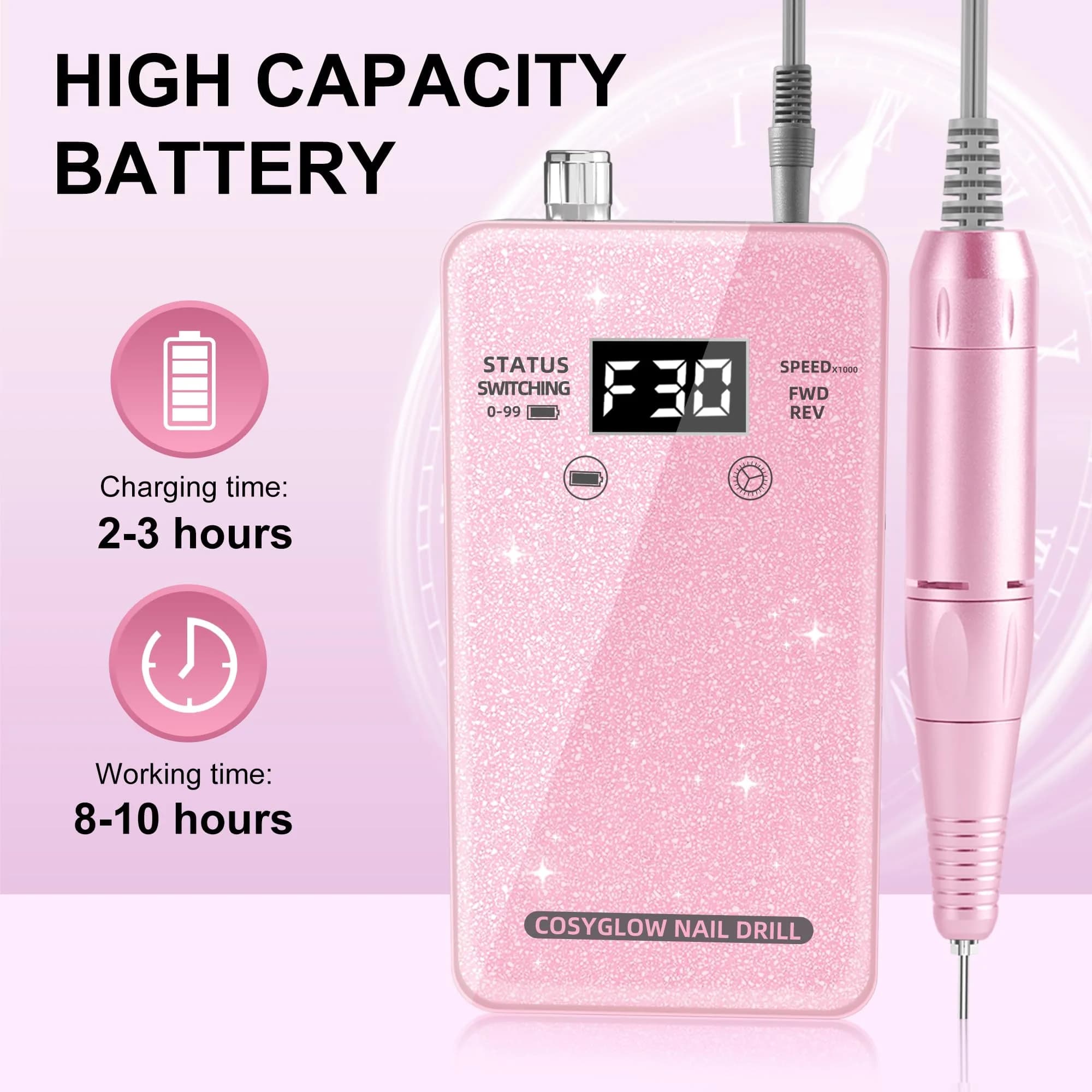 COSYGLOW Glitter Portable Cordless Nail Drill Kit with 11 Bits, 30000 RPM Rechargeable E-File for Acrylic & Gel Nails (Pink) - view 4