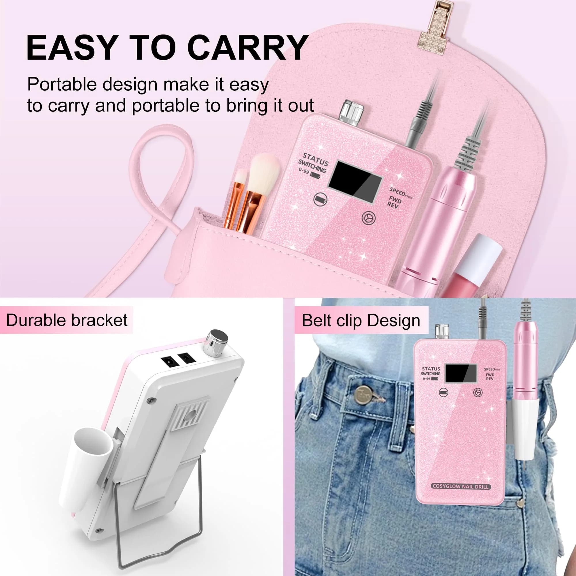 COSYGLOW Glitter Portable Cordless Nail Drill Kit with 11 Bits, 30000 RPM Rechargeable E-File for Acrylic & Gel Nails (Pink) - view 5