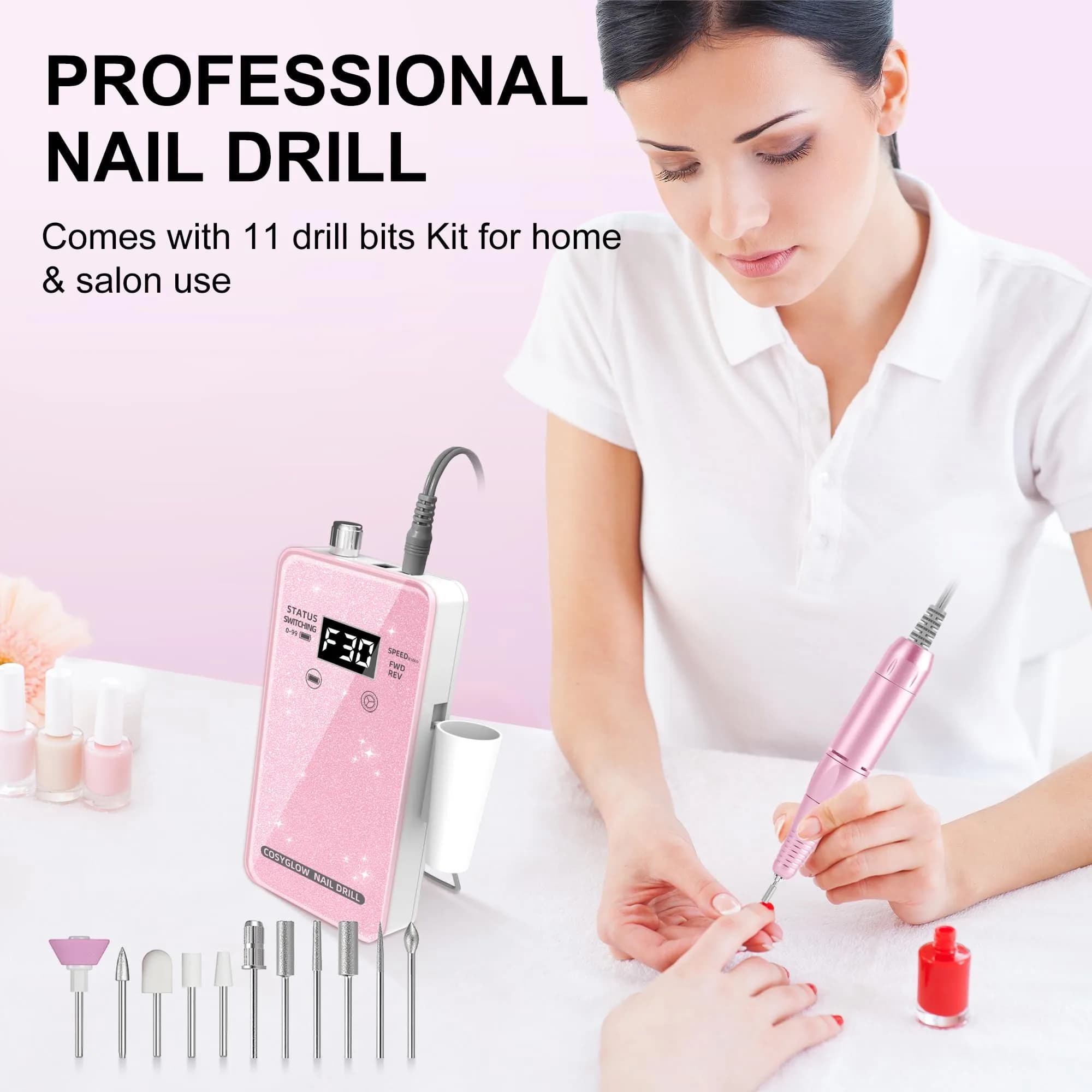 COSYGLOW Glitter Portable Cordless Nail Drill Kit with 11 Bits, 30000 RPM Rechargeable E-File for Acrylic & Gel Nails (Pink) - view 6