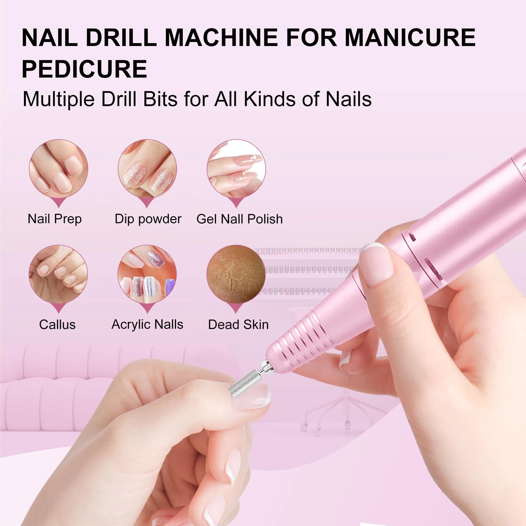 COSYGLOW Glitter Portable Cordless Nail Drill Kit with 11 Bits, 30000 RPM Rechargeable E-File for Acrylic & Gel Nails (Pink) - view 7