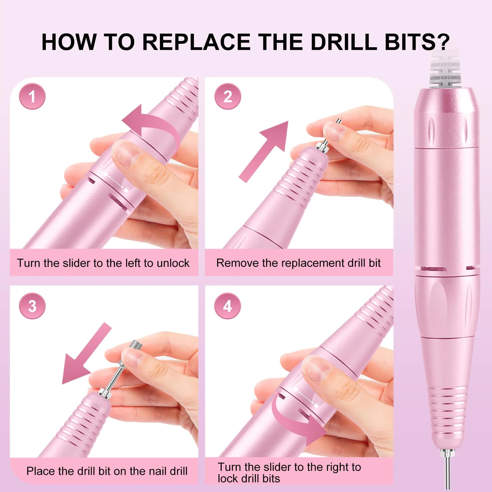 COSYGLOW Glitter Portable Cordless Nail Drill Kit with 11 Bits, 30000 RPM Rechargeable E-File for Acrylic & Gel Nails (Pink) - view 8