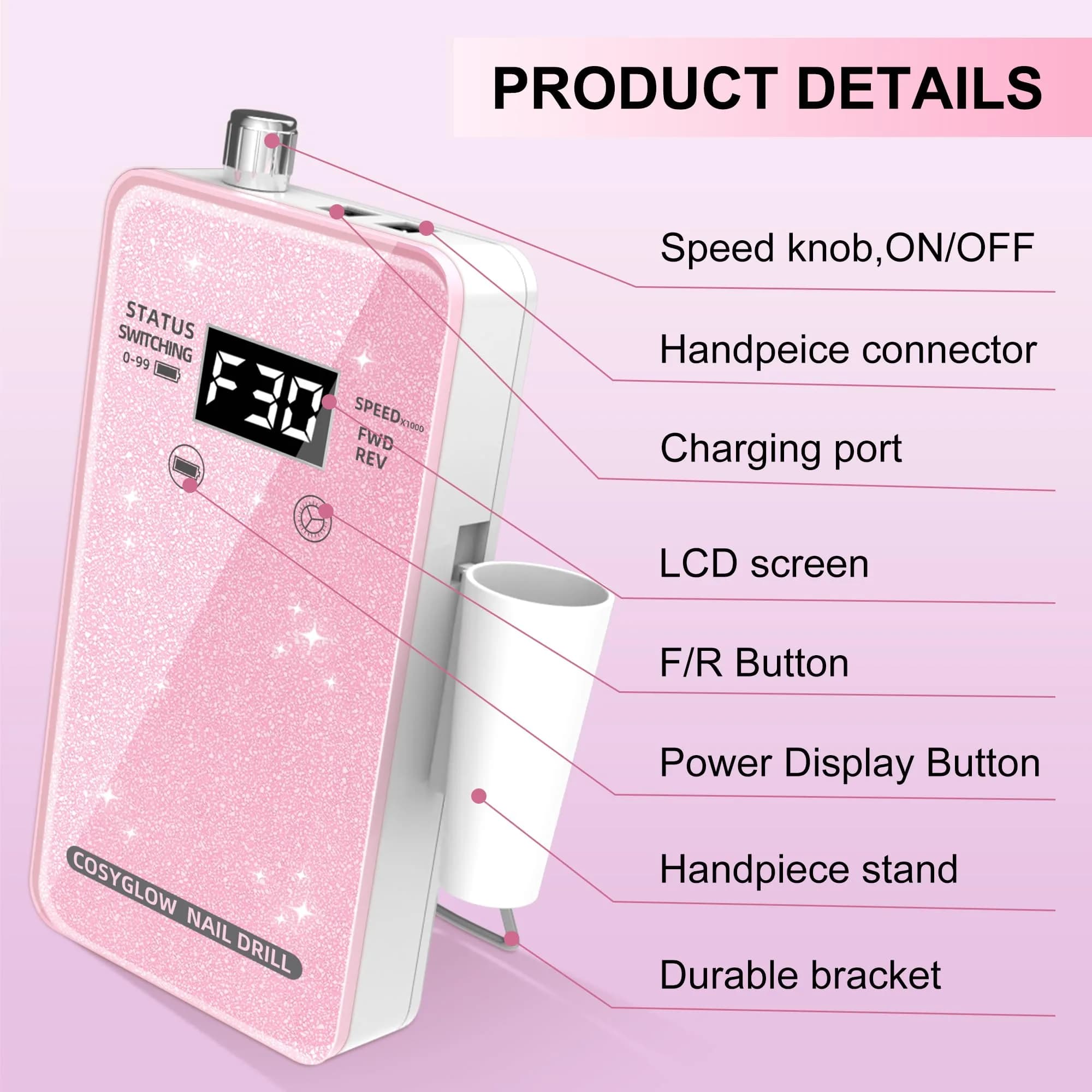 COSYGLOW Glitter Portable Cordless Nail Drill Kit with 11 Bits, 30000 RPM Rechargeable E-File for Acrylic & Gel Nails (Pink) - view 9