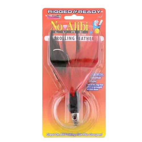 C&H Lures No Alibi Trolling Feather Saltwater Fishing Lure | 1 oz Head, Black Red Feather Skirt, Rigged 7/0 Mustad Hook, 6 ft Mono Leader thumbnail 1