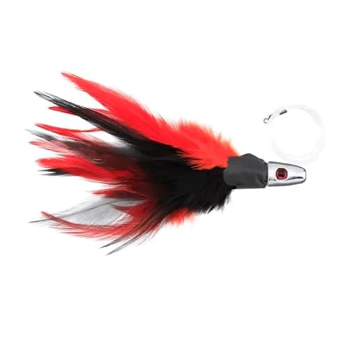 C&H Lures No Alibi Trolling Feather Saltwater Fishing Lure | 1 oz Head, Black Red Feather Skirt, Rigged 7/0 Mustad Hook, 6 ft Mono Leader thumbnail 2