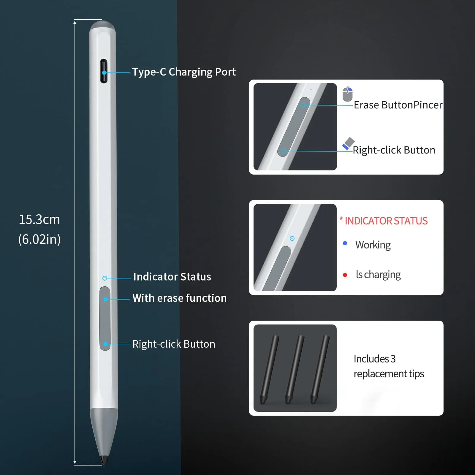 SSS·GRGB Rechargeable MPP 2.0 Stylus Pen for ASUS Laptops & Tablets, 4096 Pressure Sensitivity, Type-C Charge, Silver | Tilt Active Pen - view 6