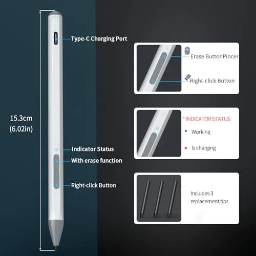 SSS·GRGB Rechargeable MPP 2.0 Stylus Pen for ASUS Laptops & Tablets, 4096 Pressure Sensitivity, Type-C Charge, Silver | Tilt Active Pen thumbnail 6