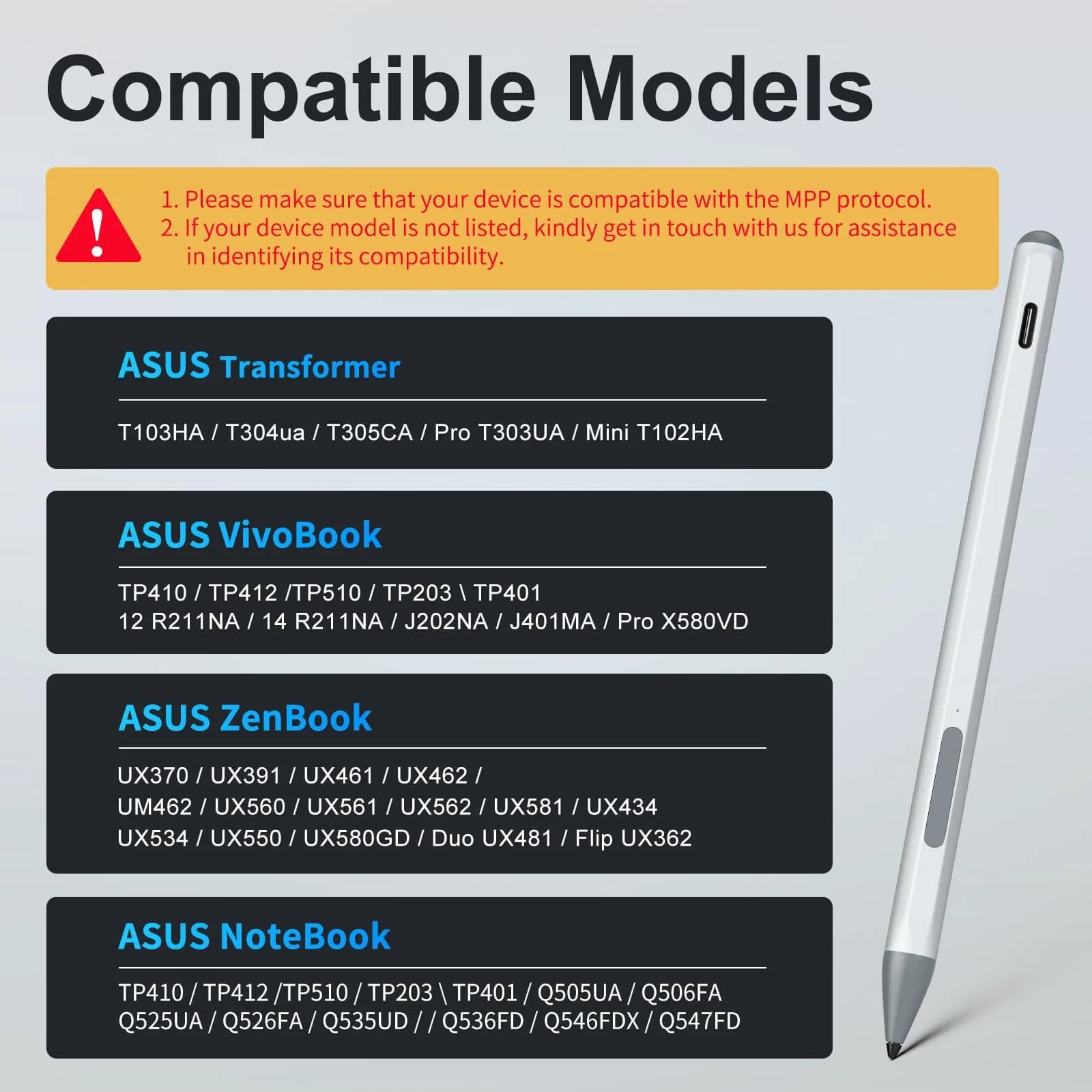 SSS·GRGB Rechargeable MPP 2.0 Stylus Pen for ASUS Laptops & Tablets, 4096 Pressure Sensitivity, Type-C Charge, Silver | Tilt Active Pen - view 2