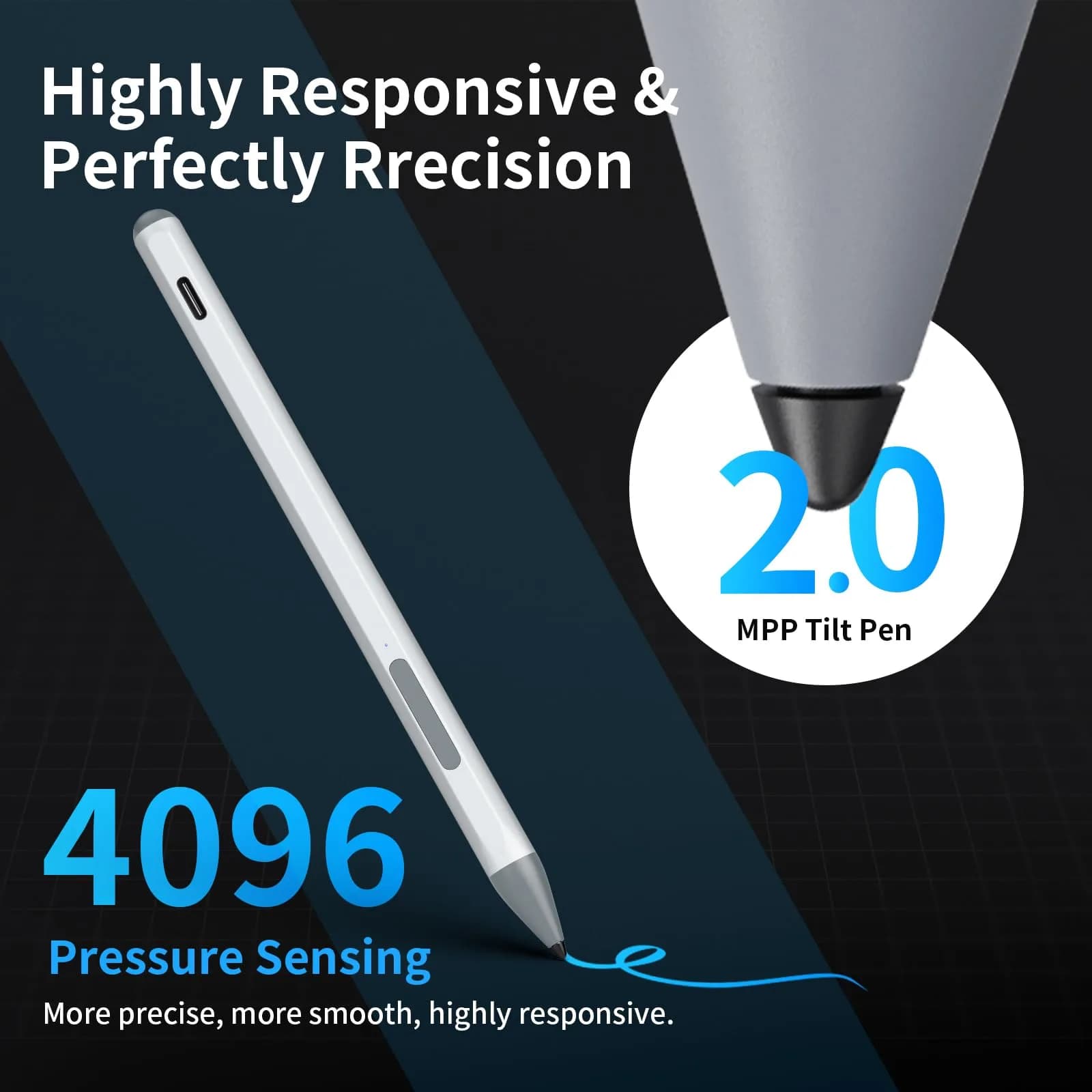 SSS·GRGB Rechargeable MPP 2.0 Stylus Pen for ASUS Laptops & Tablets, 4096 Pressure Sensitivity, Type-C Charge, Silver | Tilt Active Pen - view 3