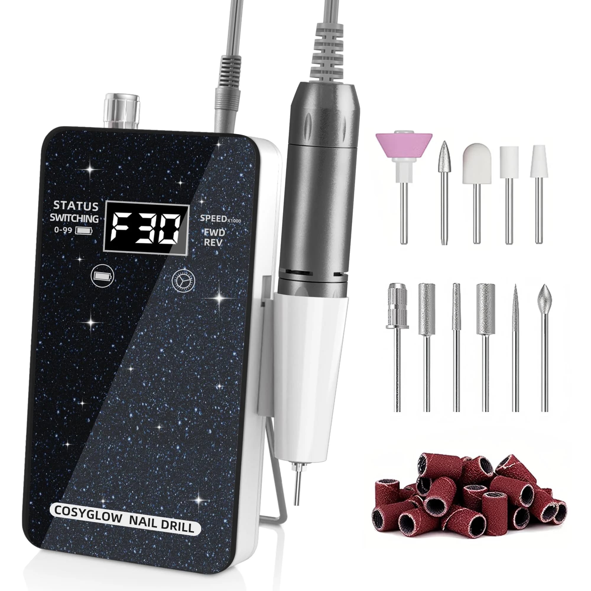 COSYGLOW Glitter Portable Cordless Nail Drill Kit with 11 Bits, 30000 RPM Rechargeable E-File for Acrylic & Gel Nails (Pink) — Black