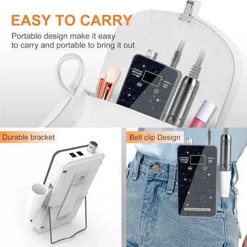 COSYGLOW Black Glitter Portable Cordless Electric Nail Drill Kit with 11 Bits, 30000 RPM | Professional E-File for Acrylic & Gel Nails thumbnail 5