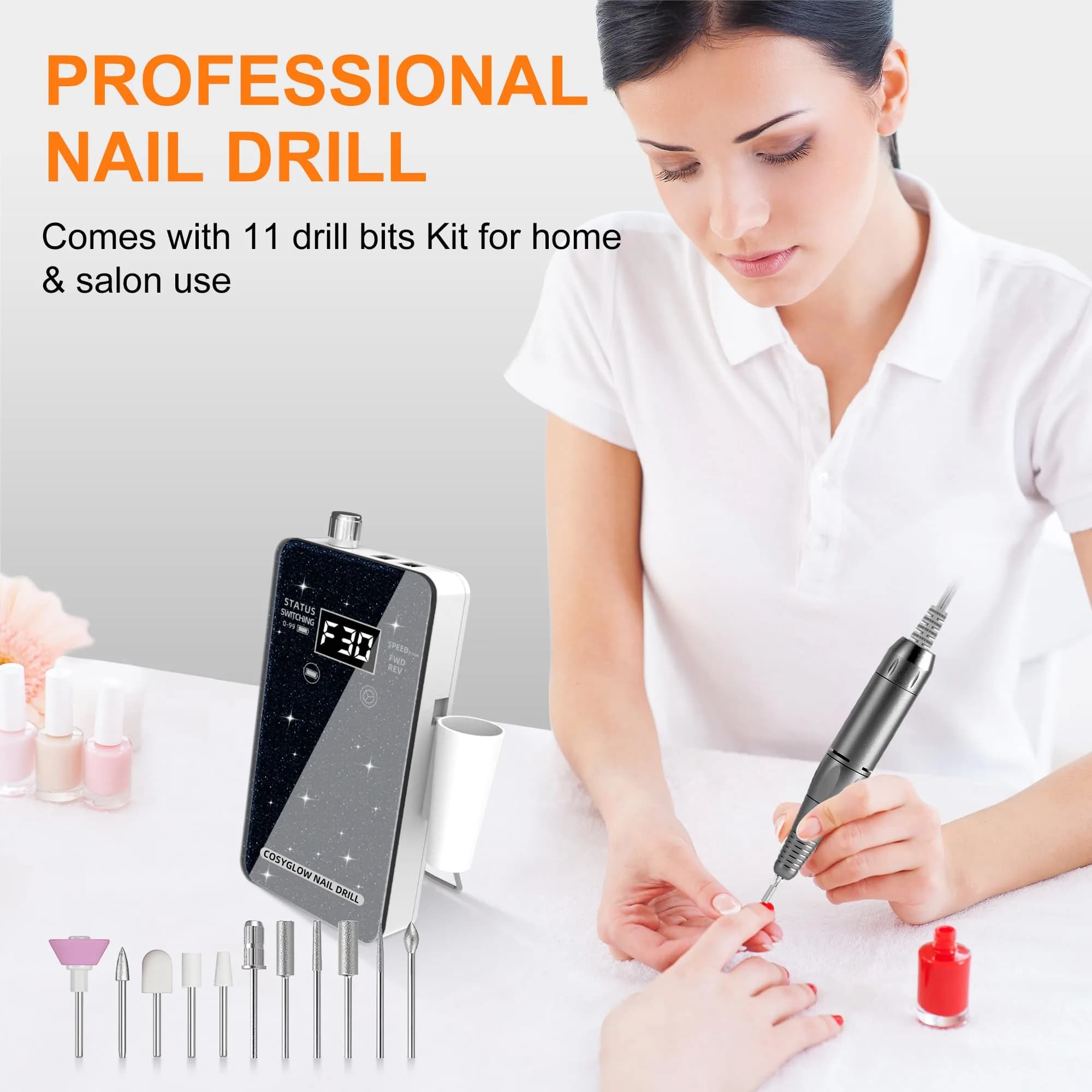 COSYGLOW Black Glitter Portable Cordless Electric Nail Drill Kit with 11 Bits, 30000 RPM | Professional E-File for Acrylic & Gel Nails - view 6