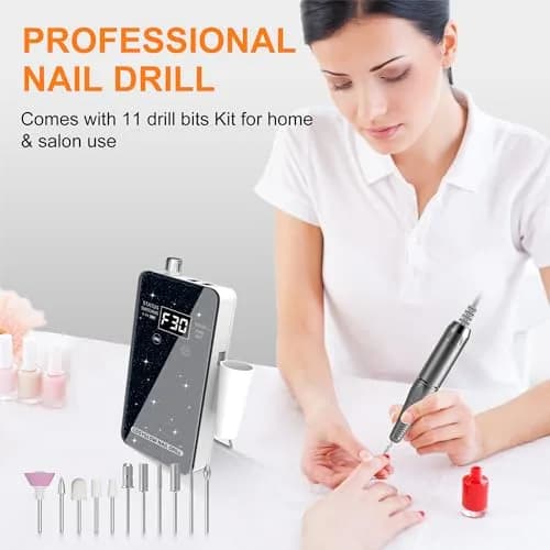 COSYGLOW Black Glitter Portable Cordless Electric Nail Drill Kit with 11 Bits, 30000 RPM | Professional E-File for Acrylic & Gel Nails thumbnail 6