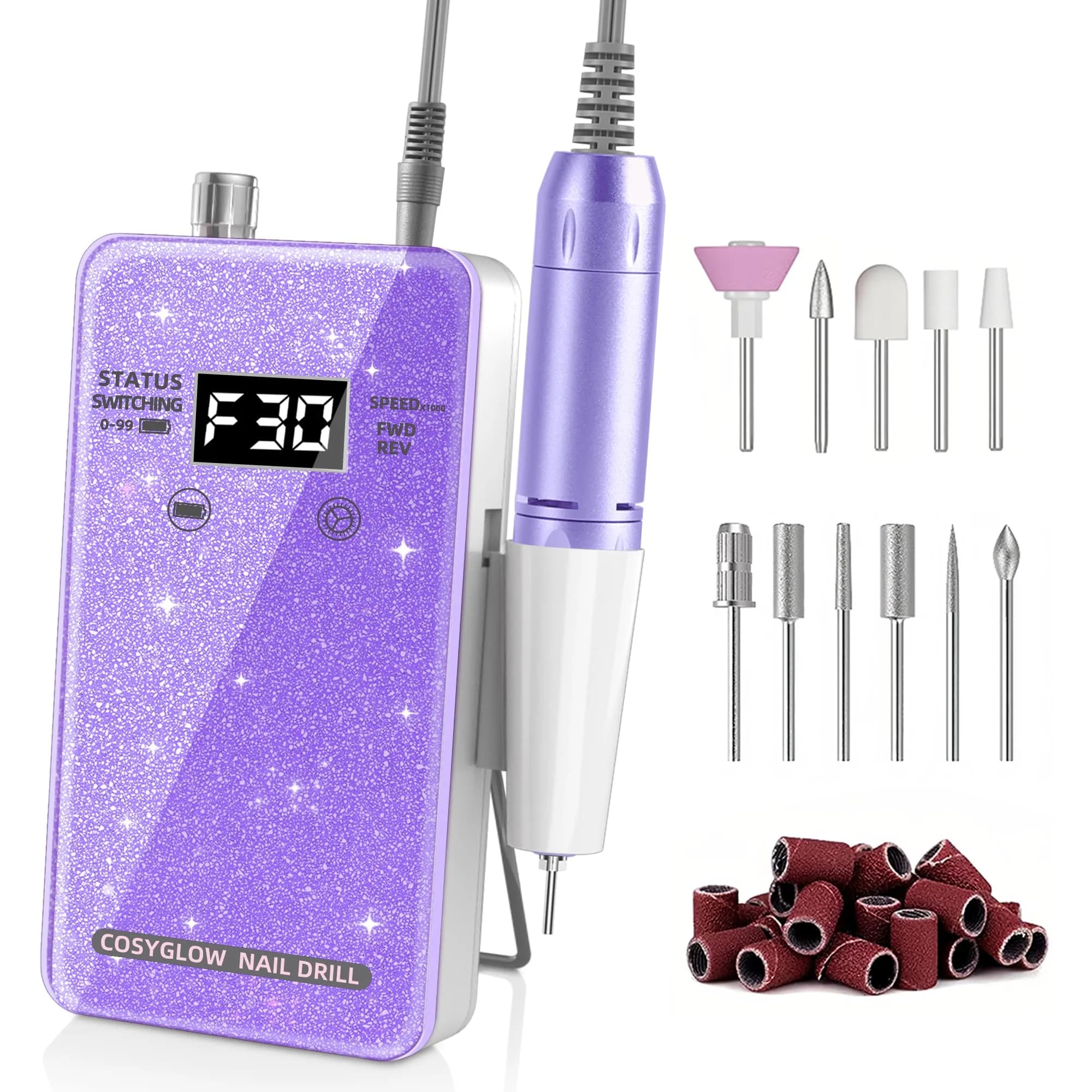 COSYGLOW Glitter Portable Cordless E-File Nail Drill Kit, 30000 RPM, Purple - main product image
