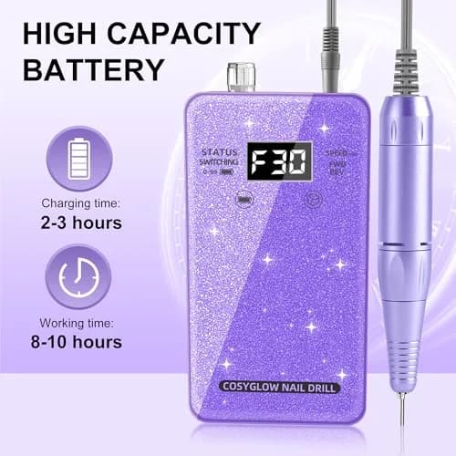 COSYGLOW Glitter Portable Cordless Nail Drill Kit | 30000 RPM E-File for Acrylic & Gel Nails thumbnail 4
