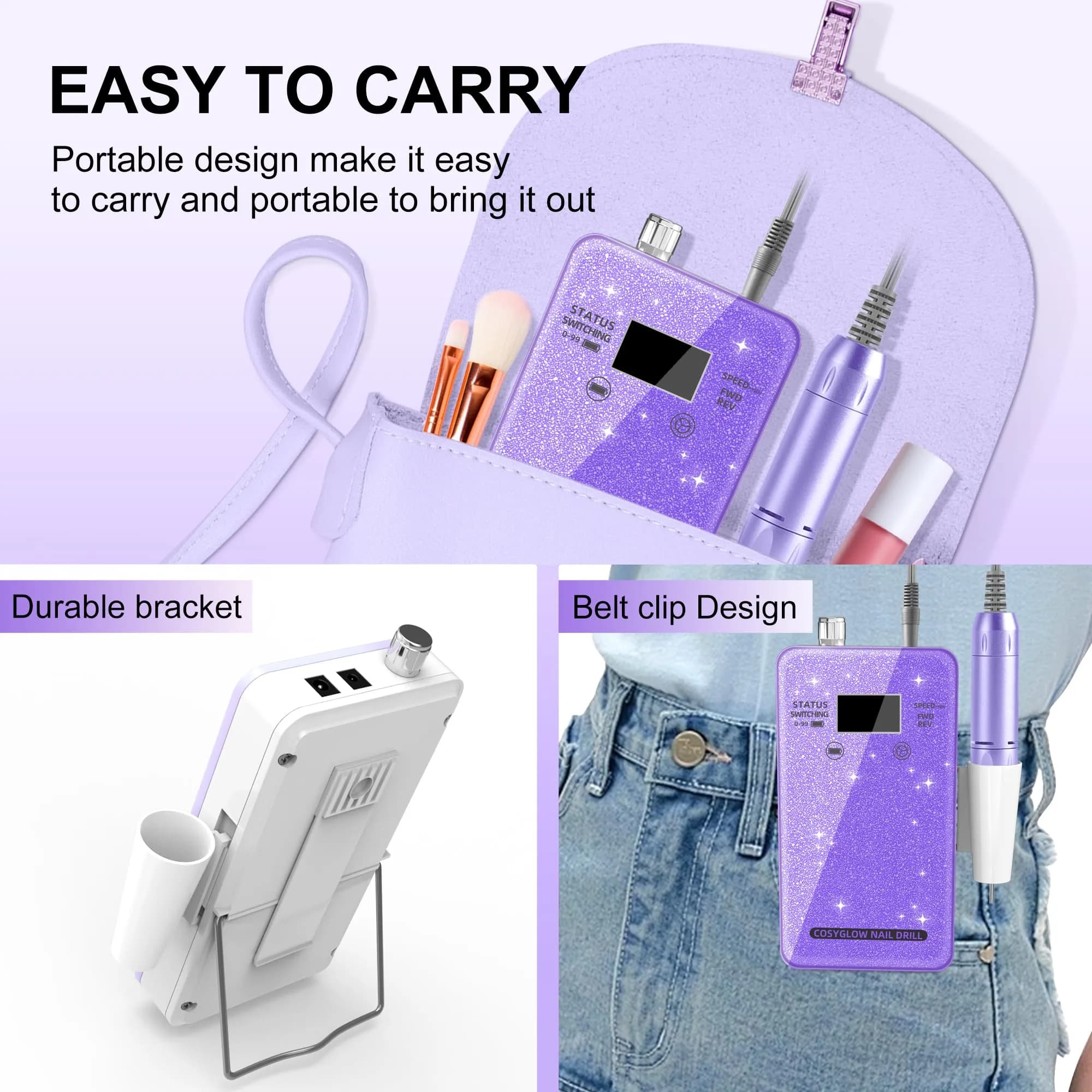 COSYGLOW Glitter Portable Cordless Nail Drill Kit - Rechargeable E-File for Acrylic & Gel Nails (Purple) - view 5