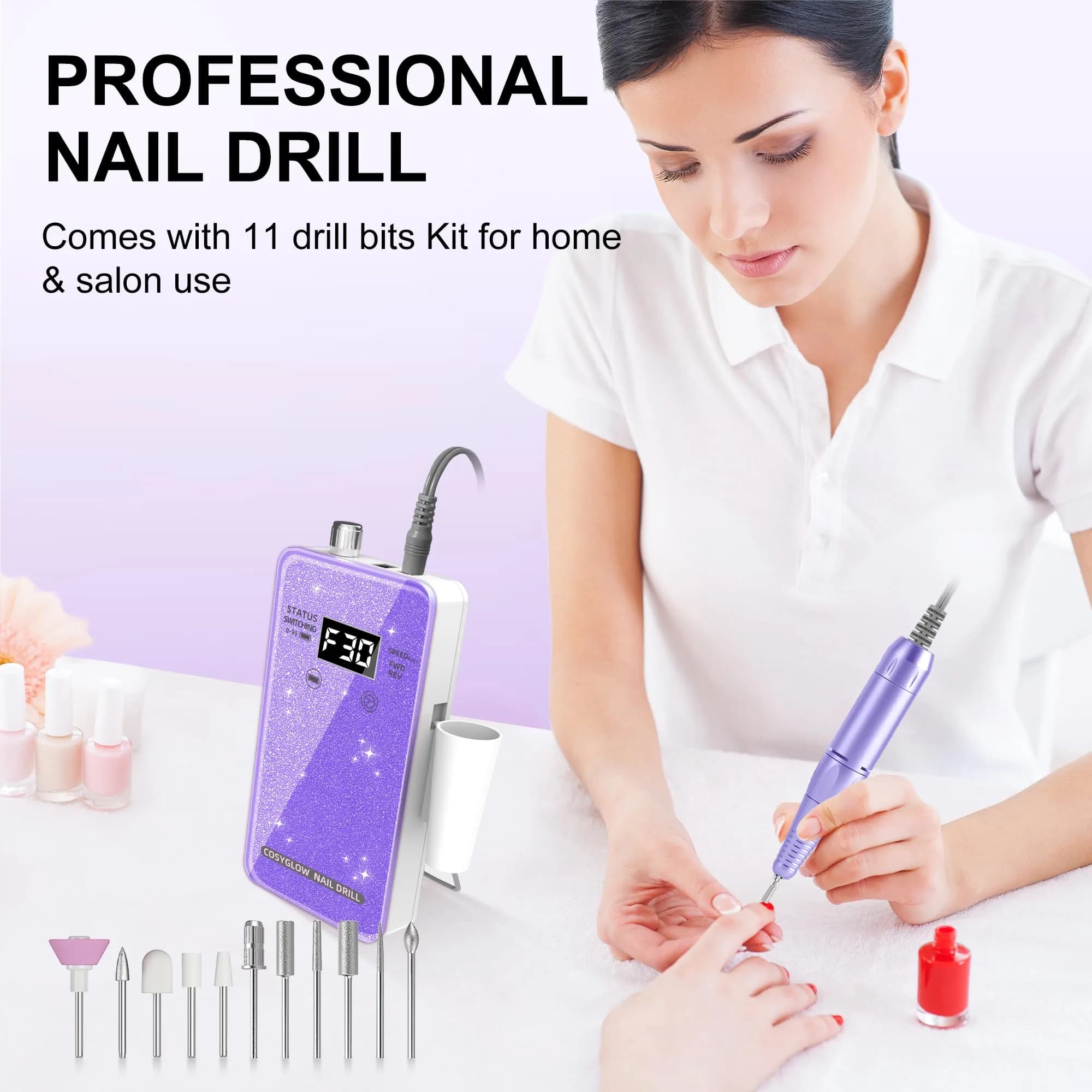COSYGLOW Glitter Portable Cordless Nail Drill Kit - Rechargeable E-File for Acrylic & Gel Nails (Purple) - view 6