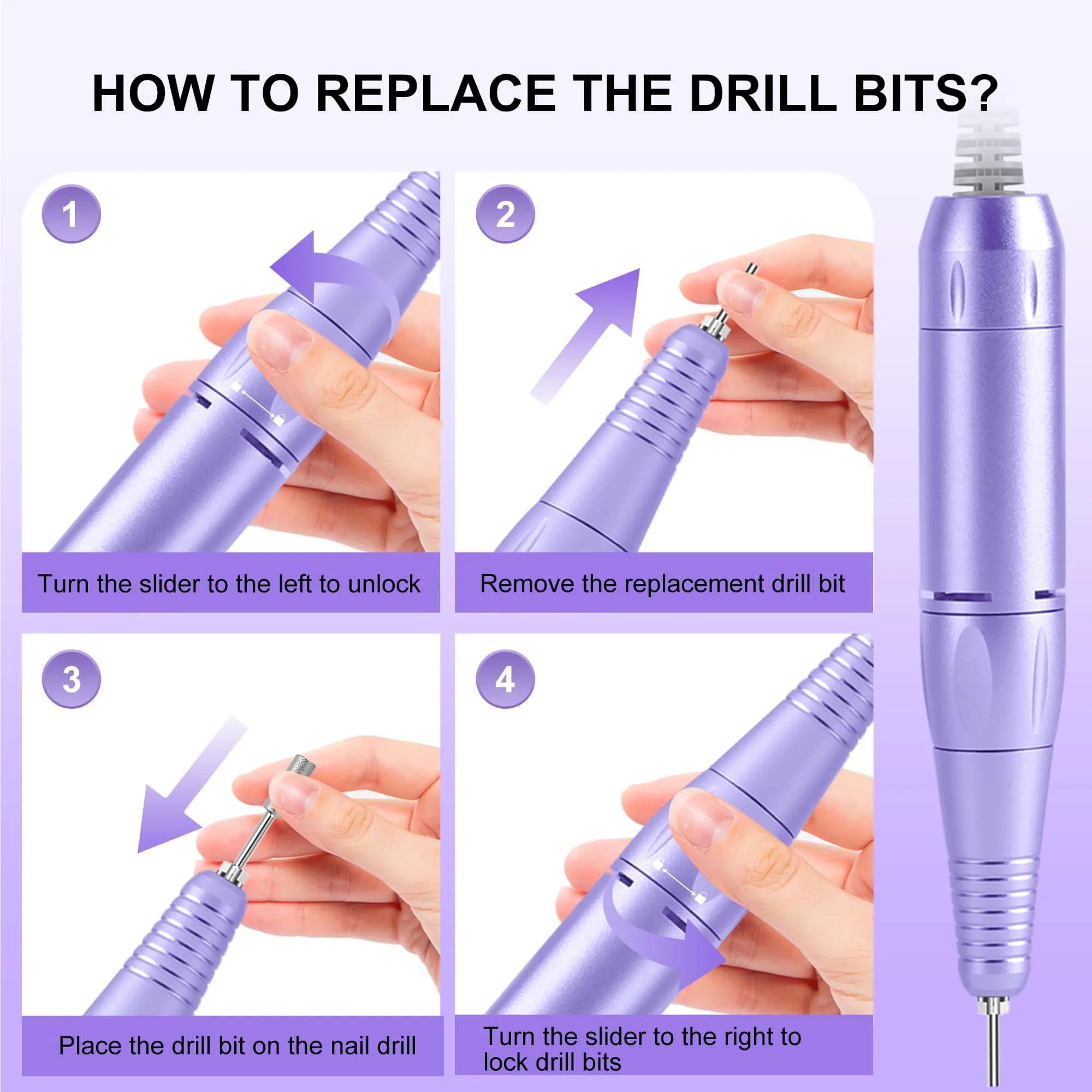 COSYGLOW Glitter Portable Cordless Nail Drill Kit - Rechargeable E-File for Acrylic & Gel Nails (Purple) - view 8
