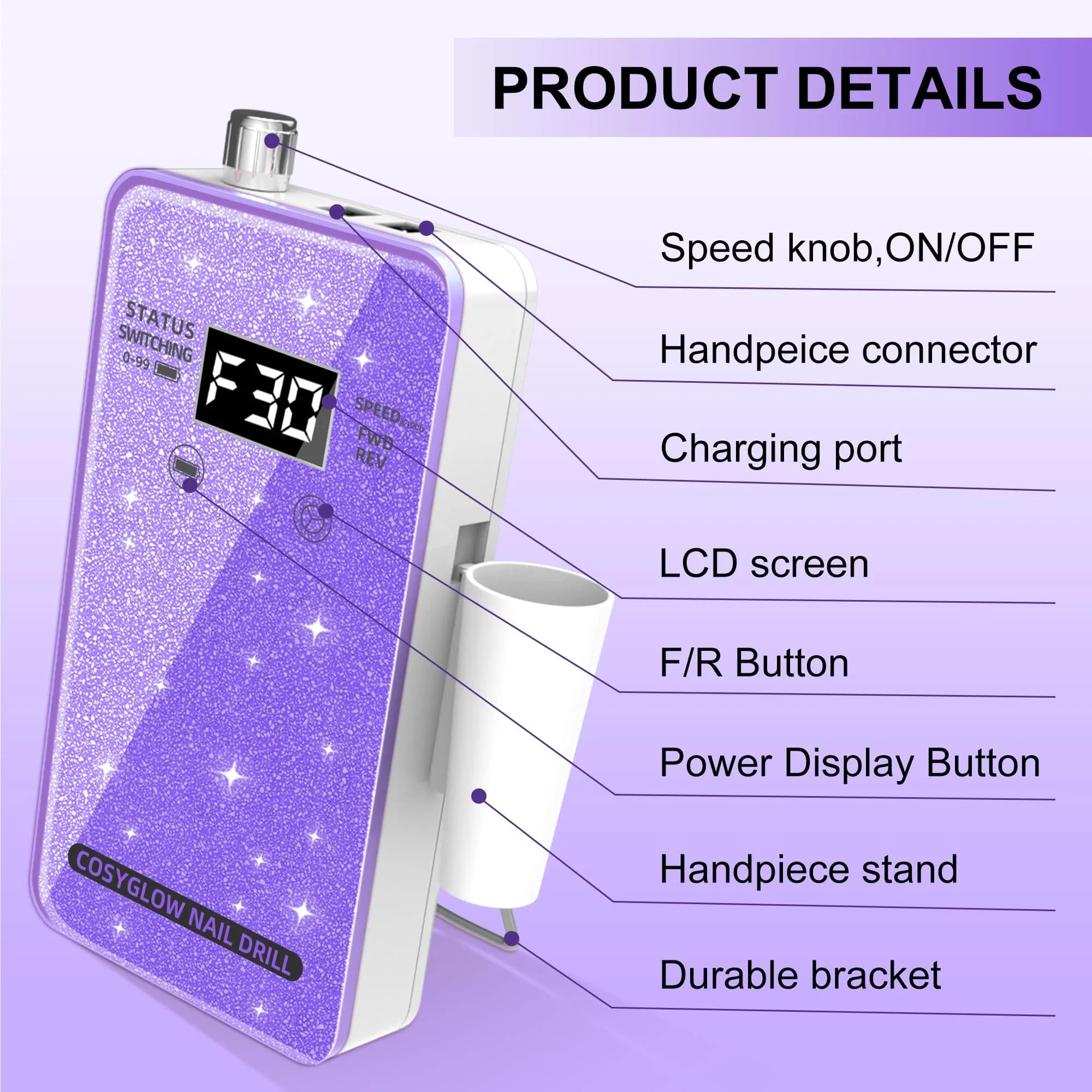 COSYGLOW Glitter Portable Cordless Nail Drill Kit - Rechargeable E-File for Acrylic & Gel Nails (Purple) - view 9