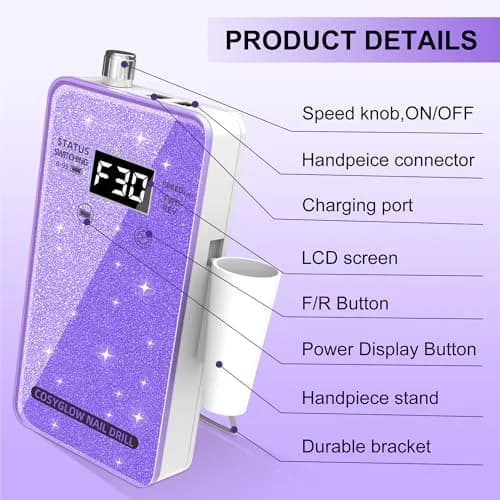 COSYGLOW Glitter Portable Cordless Nail Drill Kit | 30000 RPM E-File for Acrylic & Gel Nails thumbnail 9
