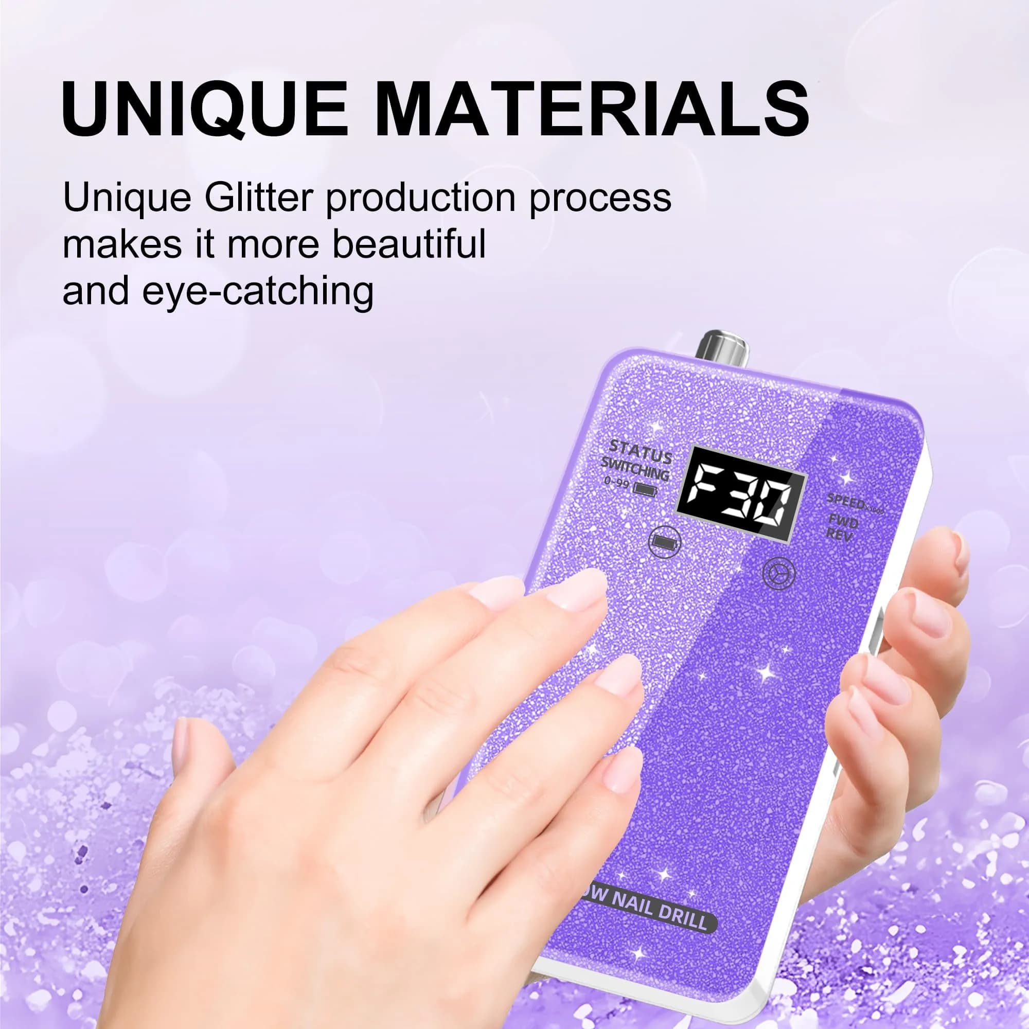 COSYGLOW Glitter Portable Cordless Nail Drill Kit - Rechargeable E-File for Acrylic & Gel Nails (Purple) - view 2