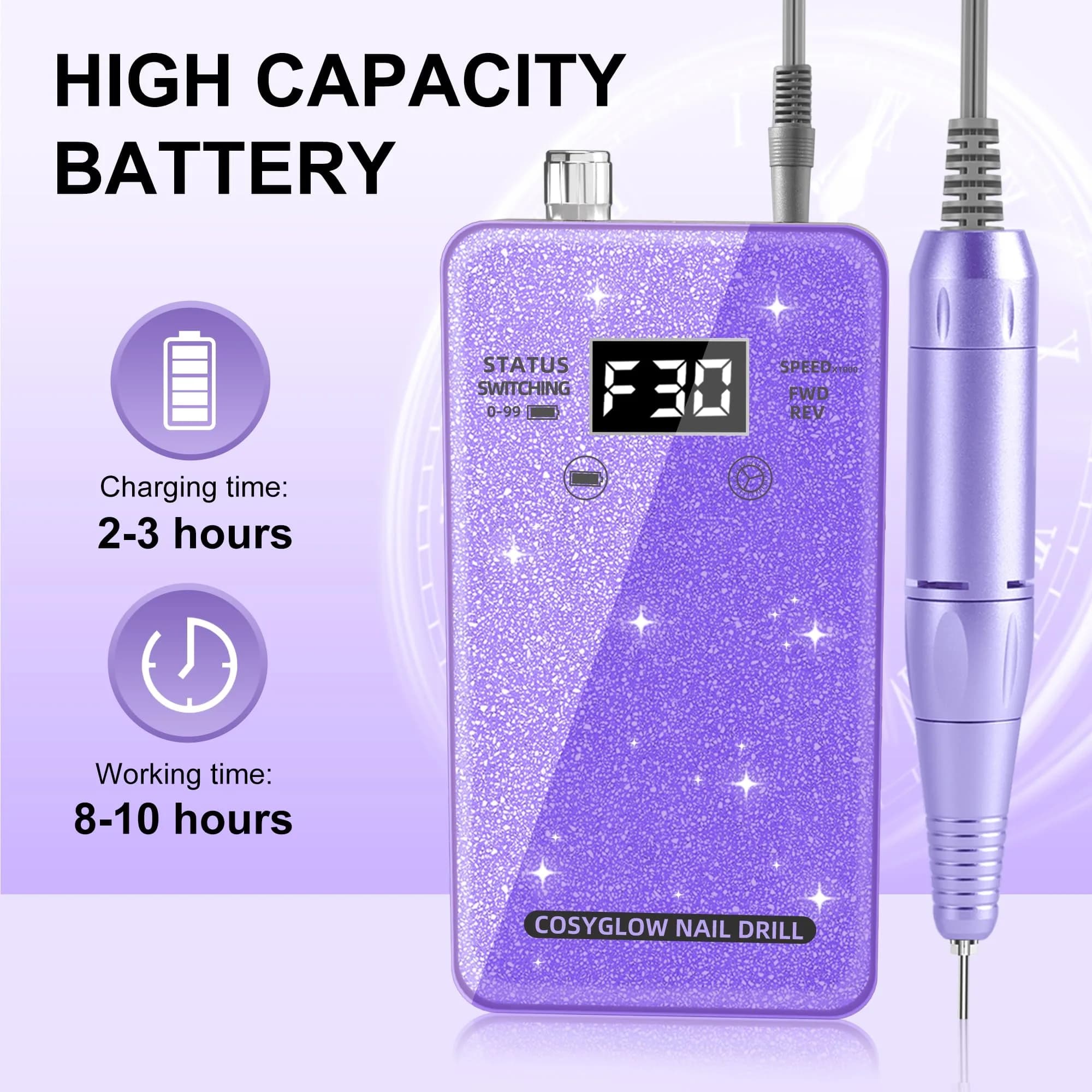COSYGLOW Glitter Portable Cordless Nail Drill Kit - Rechargeable E-File for Acrylic & Gel Nails (Purple) - view 4