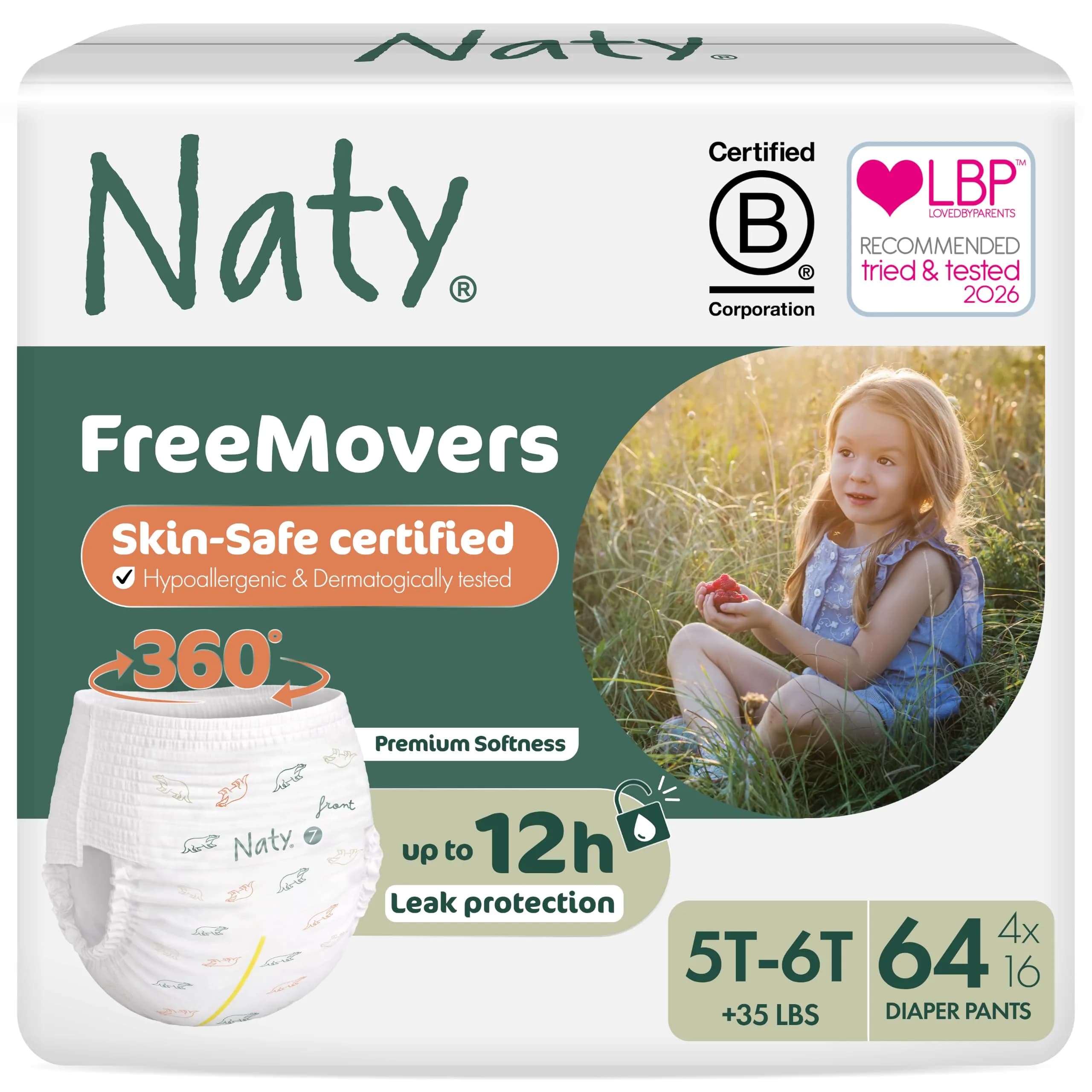 Naty FreeMovers Pull Up Training Pants Size 7 | Up to 12h Leak Protection, Hypoallergenic, 64 Count
