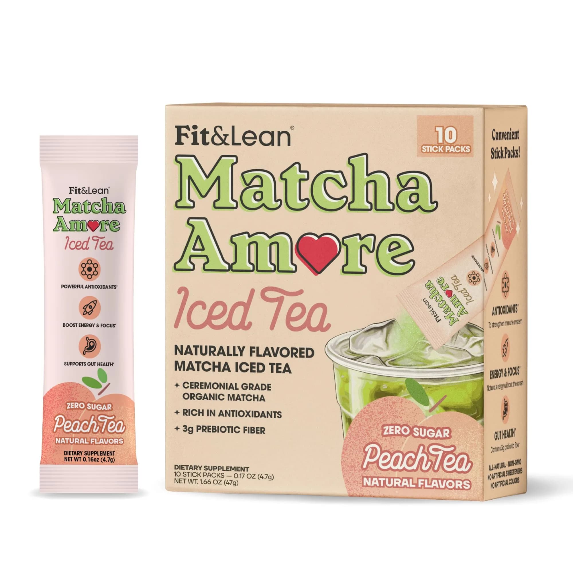 Fit & Lean Matcha Amore Iced Tea Peach 10 Stick Packs | Organic, Vegan, Gluten-Free, Antioxidant-Rich (70-120 chars)