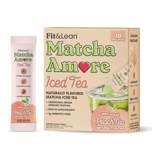 Fit & Lean Matcha Amore Iced Tea Peach 10 Stick Packs | Organic, Vegan, Gluten-Free, Antioxidant-Rich (70-120 chars) thumbnail 1