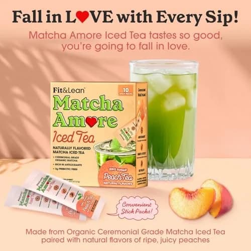 Fit & Lean Matcha Amore Iced Tea Peach 10 Stick Packs | Organic, Vegan, Gluten-Free, Antioxidant-Rich (70-120 chars) thumbnail 2