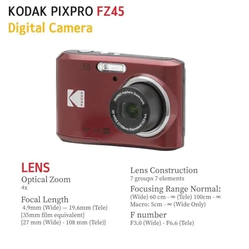 KODAK PIXPRO FZ45 16MP Digital Camera with 4X Optical Zoom 27mm Wide Angle and 2.7" LCD Screen Bundle with 32GB SD Memory Card, AA Batteries (Red) thumbnail 6