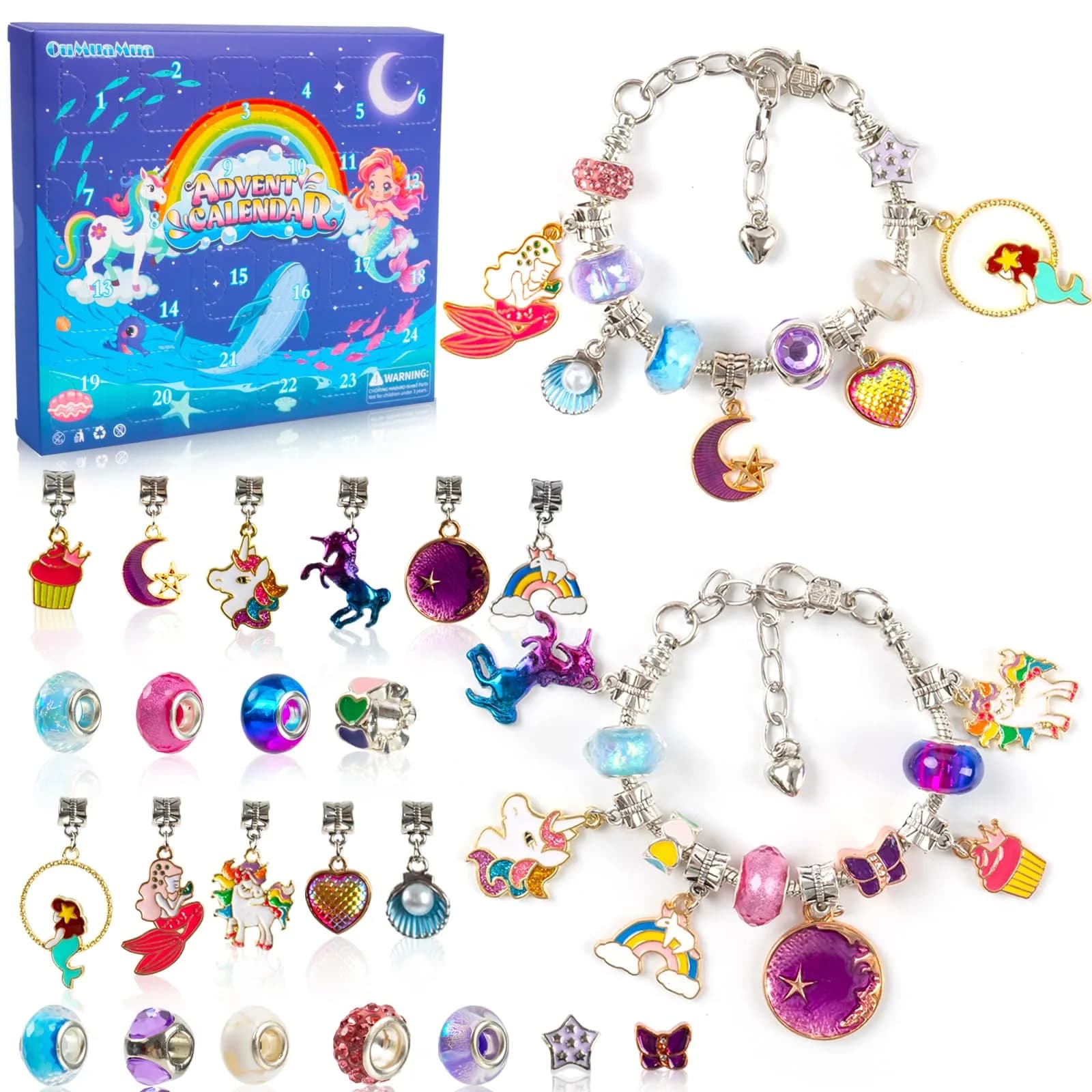 OuMuaMua Christmas Bracelets Advent Calendar 2026 for Girls | 24-Day DIY Jewelry Kit with Charms & Adjustable Chains — 1pcs Mermaid Bracelet
