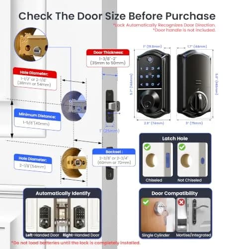 Veise VE017 Fingerprint Smart Door Lock with App Control, Matte Black, 1.02 kg (2.25 lb) thumbnail 6