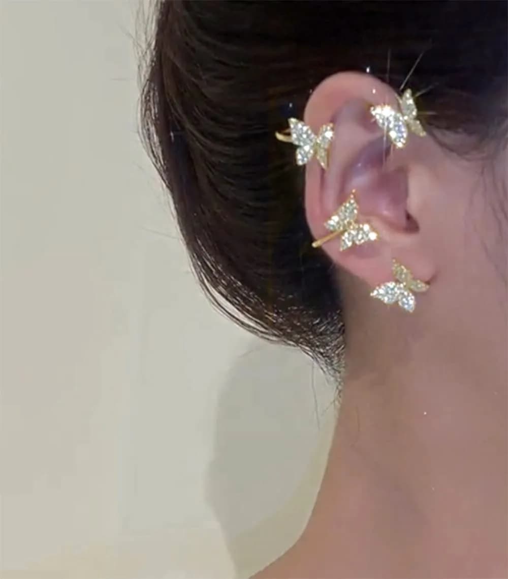 LAKIYOYO Gold 2Pcs Butterfly Ear Cuff Earrings | No Piercing Clip Wrap Around Rhinestone - view 2