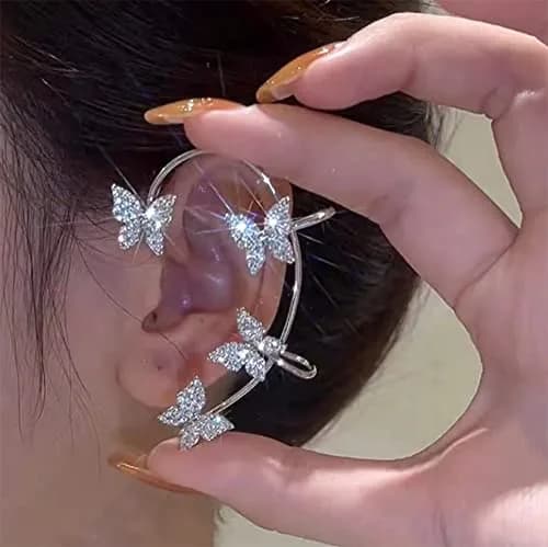 LAKIYOYO Zircon Butterfly Ear Cuff Earrings for Women No Piercing Clip Wrap Around Fake Earrings Ear Crawler Rhinestone Wrap (2Pcs, P Silver) thumbnail 4